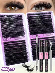 MAGEFY 800pcs Cartoon Style Curly False Eyelashes Extension Kit, Includes 2 Glue, 1 Tweezer, 1 Eyeliner Brush, 30D/40D/50D, 8-18mm, DIY Individual Lashes, 3D Lashes, Russian Volume Lashes, Dramatic Messy Mink Lashes, Elongated Fox Eye Lifting Makeup Eyelash Extension Set - Black - View 12