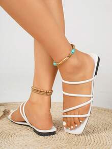 Dép xỏ ngón hở mũi hình học cho nữ, giày đi biển thiết kế chéo nhiều màu sắc, đế mềm thoáng khí, thời trang mùa hè cho nữ - trắng - Xem 4