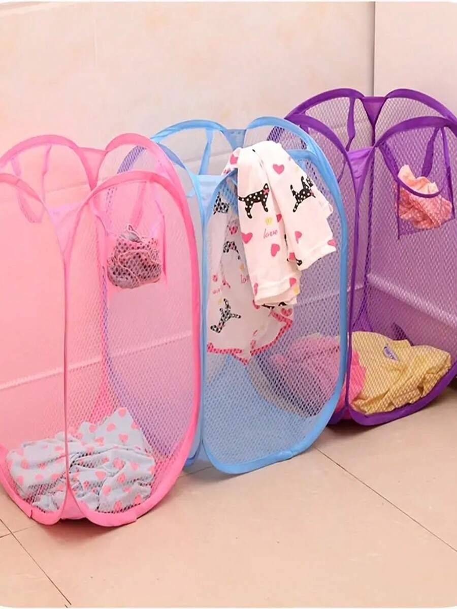 Popup Mesh Laundry Basket - Foldable, Portable, Lightweight Large Mesh Pop-Up Laundry Basket With Handle, Collapsible Design, High Capacity Basket For Storing Dirty Clothes In Bathroom, Bedroom, Dorm - Multicolor - View 1