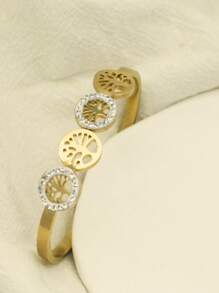 1pc Fashionable & Elegant 4-Tree Cubic Zirconia Bangle, Versatile Gold Color Bracelet Suitable For Party, Festival And Daily Wear