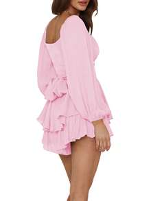 Womens Lantern Ruffle Romper Off Shoulder Puff Sleeve Flowy Lyaner Romper Dress Smocked Short Jumpsuit Playsuits - Hồng - Xem 3