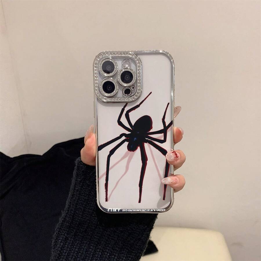 Black Cool Spider Pattern Single-Row Diamond Electroplated Purple Phone Case, Suitable For Phone 12/13/14/15/16 Pro Max Plus. Fashionable, High-End, Full Coverage Camera Protection, Shockproof And Drop-Proof - Purple - View 1