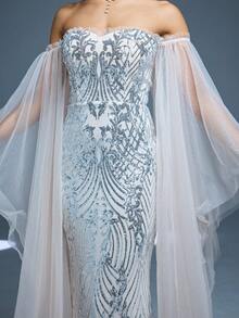 Off Shoulder Ruffle Layered Butterfly Sleeve Patchwork Sequin Fitted Mermaid Maxi Dress