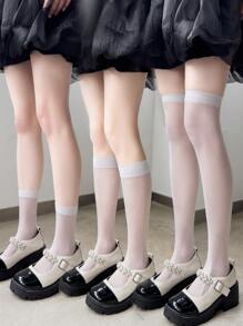 1 Pair/3 Pairs Women's Super Thin Semi-Transparent Solid Color Compression Mid-Calf Socks, Slim Leg, 3 Lengths, Versatile, Soft, Korean Style, Fresh Young Look Ins Style, Summer Daily Wear, Long Tube Socks