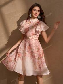 Elegant Romantic Floral Printed Half-Button Decorative Belt Vacation Style Dress For Women