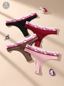 Sanrio 4 piezas Bragas tipo tanga con estampado de Hello Kitty de Sanrio de tiro bajo, suaves de algodón transpirable, estilo adorable, adecuadas para adolescentes y estudiantes
