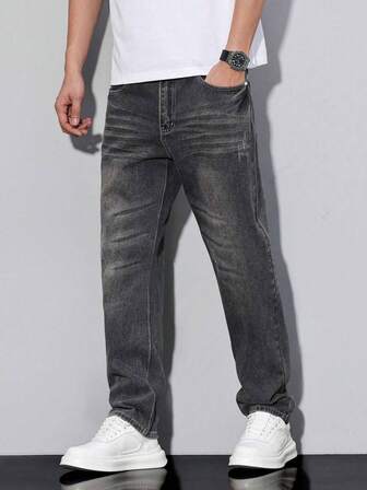 Jeans Reta Skinny Casual com Múltiplos Pelos Decorativos para Jovens Homens na Cor Preta