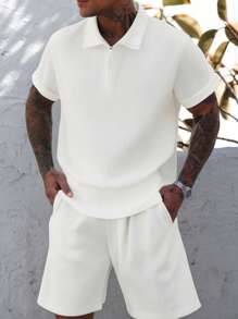 Conjunto informal de 2 piezas de hombre con polo de cuello de collar de tejido jacquard de manga corta + pantalones cortos con cordón