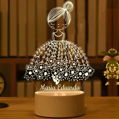 Luminária Bailarina LED 1 Cor Branco Quente, Personalizada nome Criança, Decoração, Bebê, Acrílico, Abajur