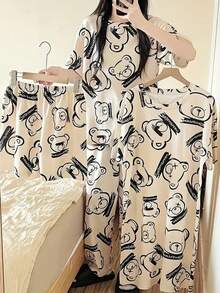 Conjunto de Pijama para Mujer con Estampado de Oso de Dibujos Animados - Cómodo con Manga Corta y Shorts, Lavable a Máquina - Albaricoque - Ver 6