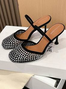 Xin Jing Shoes Fall/Winter Women's Casual Sexy Fashion Round Toe Rhinestone Hollow Back Commuting Mid-Heel Shoes, Elegant, Mule, Party