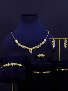 5件18K镀金奢华皇家风格叶形设计新娘结婚首饰套装，包含项链、手链、耳环和戒指。手工方晶锆石，适合日常佩戴和婚礼佩戴，可作为结婚周年纪念礼物。 - 花朵套裝 - 查看 10