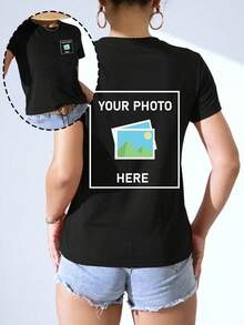 Customized Women's T-Shirt - Add Your Text And Photos (Landscape/Badge/Couple/Family/Selfie/Pet), Printable Front And Back, Suitable For Summer Travel, Gift For Girlfriend, Customized Women's T-Shirt, Women's Top, Fashion, Casual, Minimalist, Personalized, Unique, Men's Apparel, Capsule Wardrobe - Black - View 2
