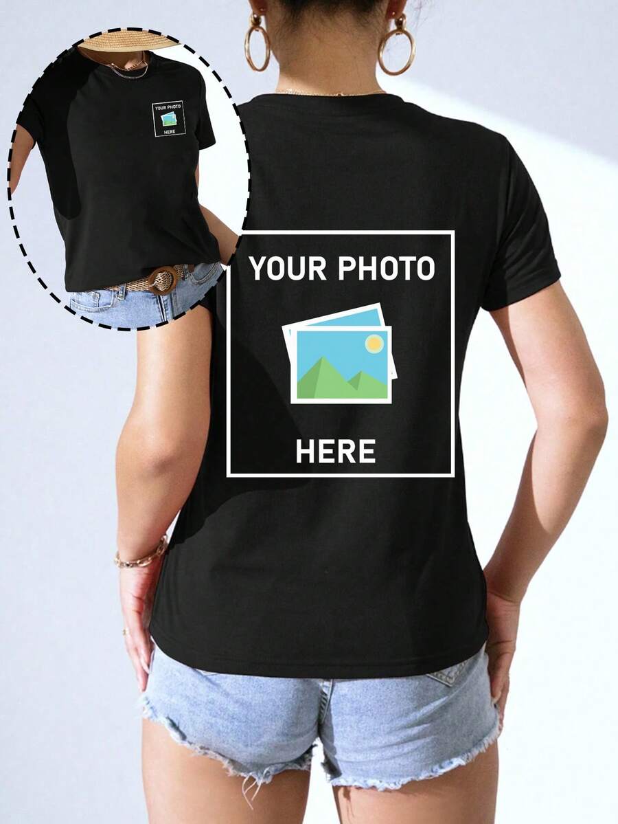 Customized Women's T-Shirt - Add Your Text And Photos, Printable Front And Back, Suitable For Summer Travel, Gift For Girlfriend, Minimalist, Capsule Wardrobe Black, For Family Sports, Mother's Day Gift, Birthday Gift, Athleisure, Personalized Gift - Black - View 1