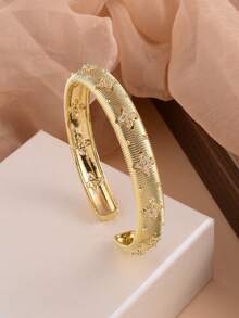 1 pezzo Bracciale a polsino dorato di alta qualità stile antico con texture a righe e fiocco di neve intagliato, con strass, placcatura bicolore, stile palazzo vintage, regalo di lusso ed elegante per le donne per le vacanze - Dorato - Visualizzare 8
