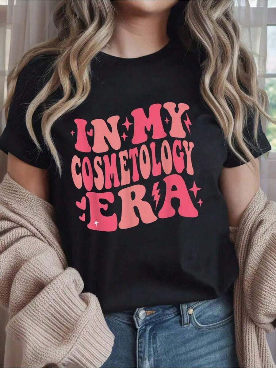 100% Cotton Cute In My Cosmetology Girl Era Groovy Cosmetologists Print Women's T-Shirt, Round Crew Neck Short Sleeve T-Shirt, All-Season Comfort Top T-Shirt, Women's Fun Graphic T-Shirts, Best For Holiday Casual OutfitsTrendy Printed Women's T-Shirt Street Culture Retro Letter T-Shirt Summer New Cotton Women's T-Shirt Fashion Printed Comfortable Short Sleeve - Black - View 1