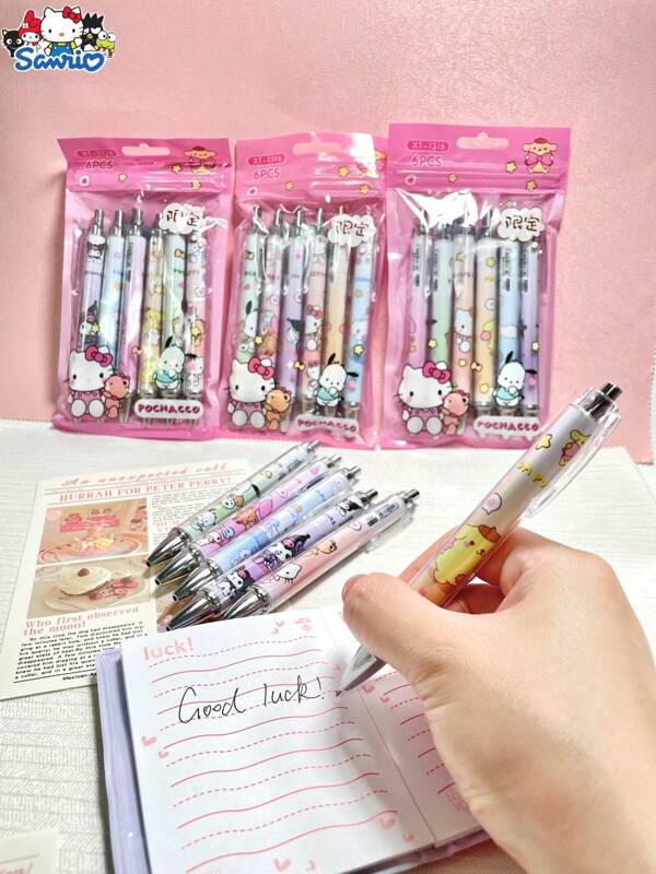 Sanrio Canetas de gel Sanrio Kuromi 6 peças/pacote, 0,5 mm, tinta preta, caneta de assinatura, material escolar, escritório, papelaria, presente, clipe de caneta de metal, material escolar, volta às aulas