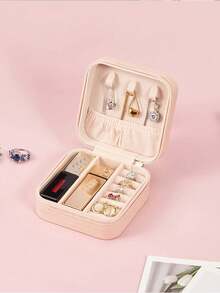 1个便携式旅行首饰收纳盒，PU皮革首饰整理盒，小型拉链首饰盒，多层耳环戒指收纳盒，化妆品收纳盒，首饰展示托盘，香水收纳盒，防水防氧化材质，保护戒指、耳环和项链，节日礼物，送她的礼物，适合教师使用 - 粉色 - 查看 13
