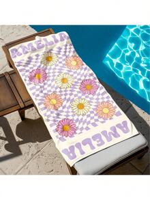 1pc Custom Name Microfiber Beach Towel, Contemporary Striped Daisy Pattern, Super Absorbent Swim Towel, Comfortable Beach Accessory, Stylish Poolside Towel, Ideal Christmas Gift For Boy And Girl - 250gsm Knit Fabric,Suitable For Mother's Day Gifts - Multicolor - View 7