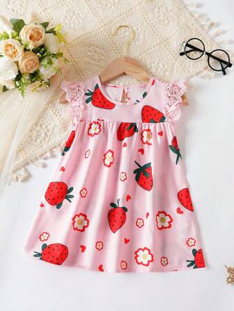 女宝宝夏季可爱草莓花朵图案蕾丝小盖袖公主裙