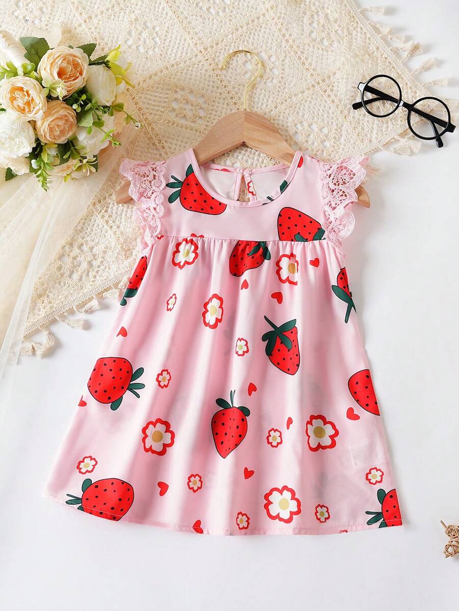 Baby Girl Summer Cute Strawberry Flower Pattern Lace Little Cap Sleeve Princess Dress - Pink - View 1