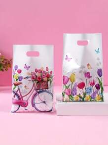 25 Stücke Tulpen Blumen Geschenktüte, frühlingshaftes Party Handtäschchen, Party Snack Rückgabe Geschenkverpackung Süßigkeitenverpackung, mit hellem Blumenmuster, 9.84* 6.49-Inch Verpackungstasche, geeignet für Feste, Geburtstage, Hochzeiten und Partys (Farbmischung)