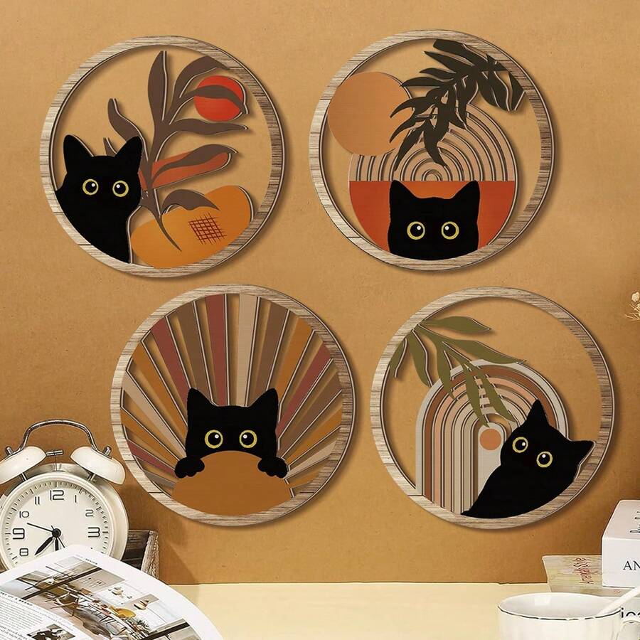 4件套波西米亚风猫咪墙饰,木质波西米亚风植物墙牌,农舍几何悬挂式简约装饰艺术品,适用于公寓(卧室自粘式),房间装饰,墙面装饰 - 彩色 - 查看 1