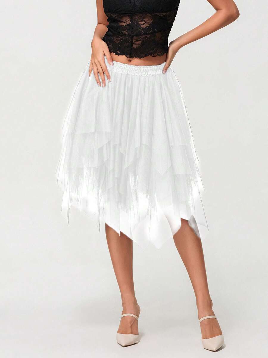 Women Tutu Tulle Skirt Fairy Elastic High Waist Party Midi Skirt Asymmetrical Tutu A-Line Mesh Layered Swing Skirts - White - View 1