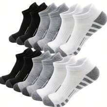 5 perechi de șosete sport respirabile, absorbante de șocuri, pentru bărbați, cu suport pentru arcul plantar - Design cu dungi care absoarbe umezeala, Ambalaj multicolor (negru/alb/gri), Căptușeală suplimentară pe călcâi și vârf, Îngroșate și durabile, Stil atletic, Potrivite pentru pasionații de sport