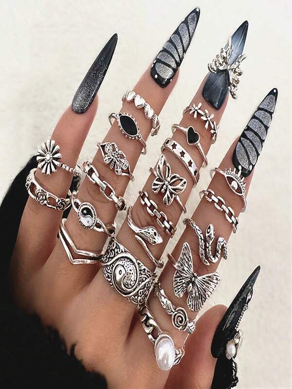 21 piezas de nuevos anillos de estilo retro hip hop con diseños de Tai Chi, mariposa, corazón y serpiente, anillos de metal simples de múltiples articulaciones y puntada