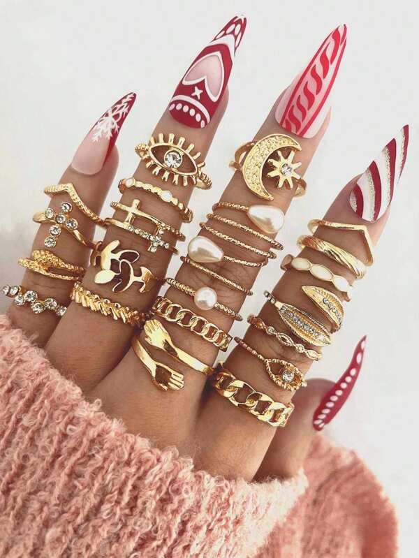 Elegante y elegante juego de 22 anillos para mujer - Diseños de sol, luna, cruz y ojo con acentos geométricos huecos - Perfecto para uso diario, fiestas y regalos