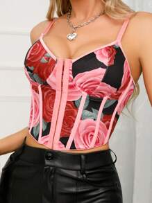 1pc Chic & Sexy Rose Jacquard Ribbed Sleeveless Camisole Tank Top, Casual Wear