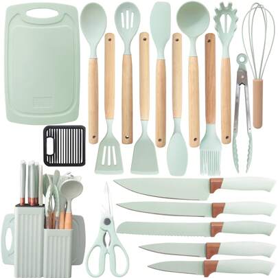 Silicone Kitchen Utensil Set - 19pcs Cooking Utensils Set With Turner Spatula Spoon Ladle Tongs Knives For Non-Stick Cookware, Heat Resistant Kitchen Utensil Set With Knives