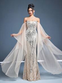 Off Shoulder Ruffle Layered Butterfly Sleeve Patchwork Sequin Fitted Mermaid Maxi Dress