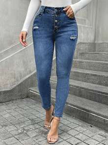 Pantalones vaqueros ceñidos casuales con cintura elástica y abotonadura simple para mujer