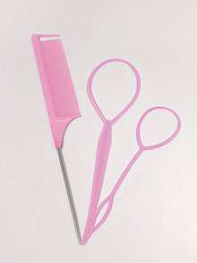 3pcs Hairband And Tail Comb Set, French Braid And Metal Needle Rat Tail Comb Hairstyle Design - Multicolor - View 9