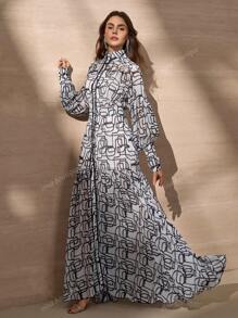 Elegant Romantic Geometric Floral Print Stand Collar Long Sleeve A-Line Dress For Women