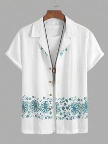 男士时尚休闲花卉和植物印花设计短袖衬衫，优雅复古领口纽扣前襟，适合商务、工作、户外、旅行、通勤穿着 - 白色 - 查看 6