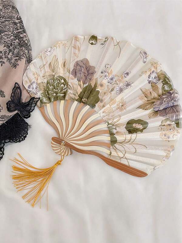 1pc Folding Fan Hand Held Fans Wooden Folding Fan Handheld Folding Fan Chinese Style For Church Wedding Gift Vintage Home Decor Handheld,Vintage Floral Hand-Held Folding Fan With Tassel,Chinese Vintage Bamboo Fan,Elegant Folding Fan,Women Hand Held Folding Fan,Chinese Traditional Hand Fan, Wedding Gift