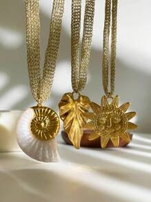 Monlansher New Stainless Steel Exaggerated Seashell, Leaf, Sunflower Pendant Necklace With Lace Mesh Chain, Fashionable & Necklace For Women