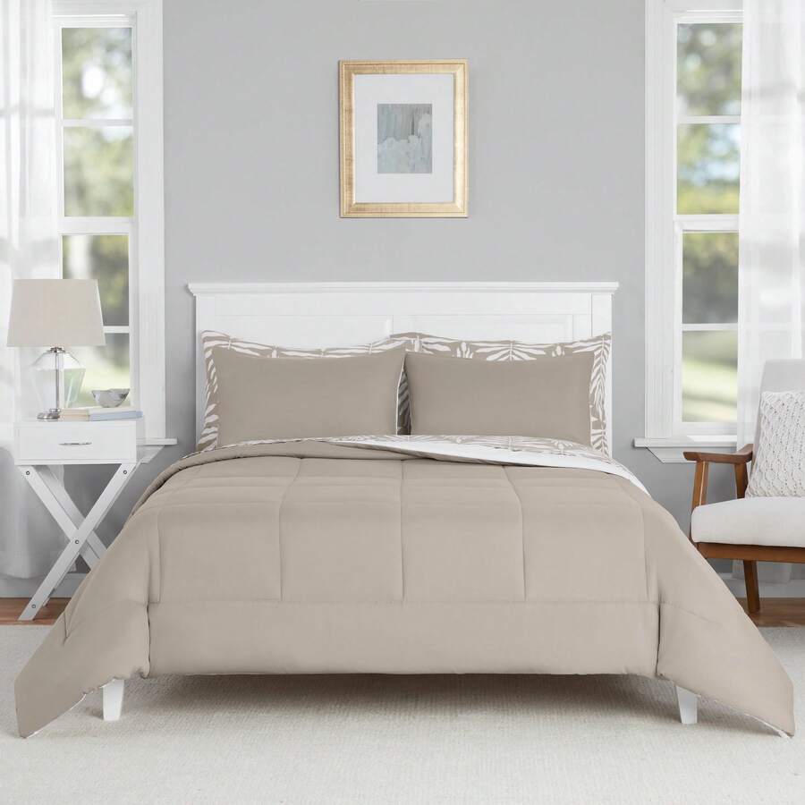 Juego de ropa de cama reversible de 7 piezas con edredón y sábanas, floral azul, tamaño Queen - Beis - Ver 1