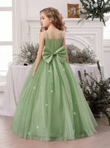 Tween Girl Pearl Strap Star Mesh Bow Mint Green Christmas Dress, Elegant Princess Dress Suitable For Girls Birthday Gift, Teenager Party Prom Wedding Flower Girl Bridesmaid Dress, Thanksgiving Graduation