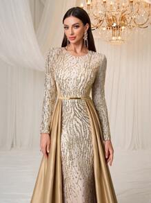 YISIKADO Women's Formal Party Gown, Elegant Luxury Sequin & Satin Long Sleeve Caped Dress