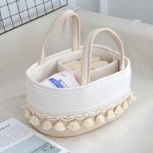 1pc Baby Diaper Storage Basket, Toy Organizer Basket With Tassel Handle, Handwoven Divided Portable Design