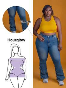 CurvyTilda Tildaharris Plus Size Women Retro Denim Flare Pants With Side Pleats, Slimming, Blue, For Hourglass Body Shape - Blue - View 1