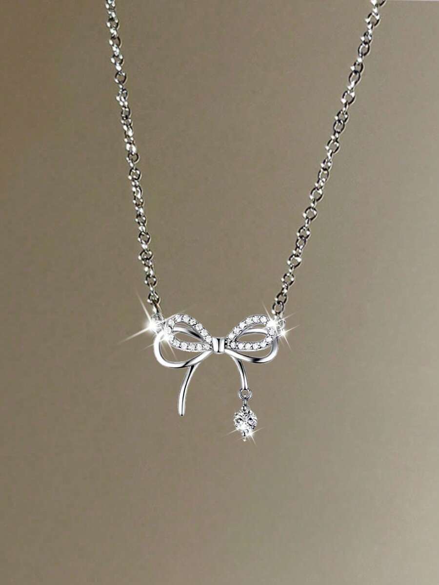 Fashionable Rhinestone Bow Necklace Pendant, Delicate Rhinestone Choker Necklace, Unique Design Versatile Necklace Accessories, Gift For Valentine's Day