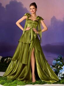 女士优雅派对荷叶边/荷叶边多层打结紧身连衣裙 - 橄欖綠 - 查看 2