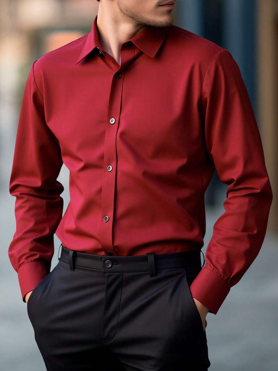 Camisa casual elegante masculina ideal para ocasiones formales, eventos especiales o reuniones de negocios, destacando por su corte ajustado y su acabado impecable. - Burdeos - Ver 1