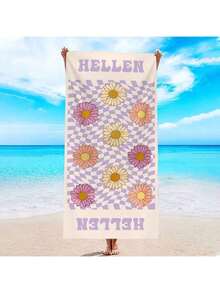 1pc Custom Name Microfiber Beach Towel, Contemporary Striped Daisy Pattern, Super Absorbent Swim Towel, Comfortable Beach Accessory, Stylish Poolside Towel, Ideal Christmas Gift For Boy And Girl - 250gsm Knit Fabric,Suitable For Mother's Day Gifts - Multicolor - View 9