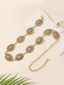 Vintage Middle Eastern Style Oval Floral Pattern Faux Silver Waist Chain, Versatile Metal Waist Belt, Decoration For Dresses & Pants - Gold Pink Gemstone - View 10